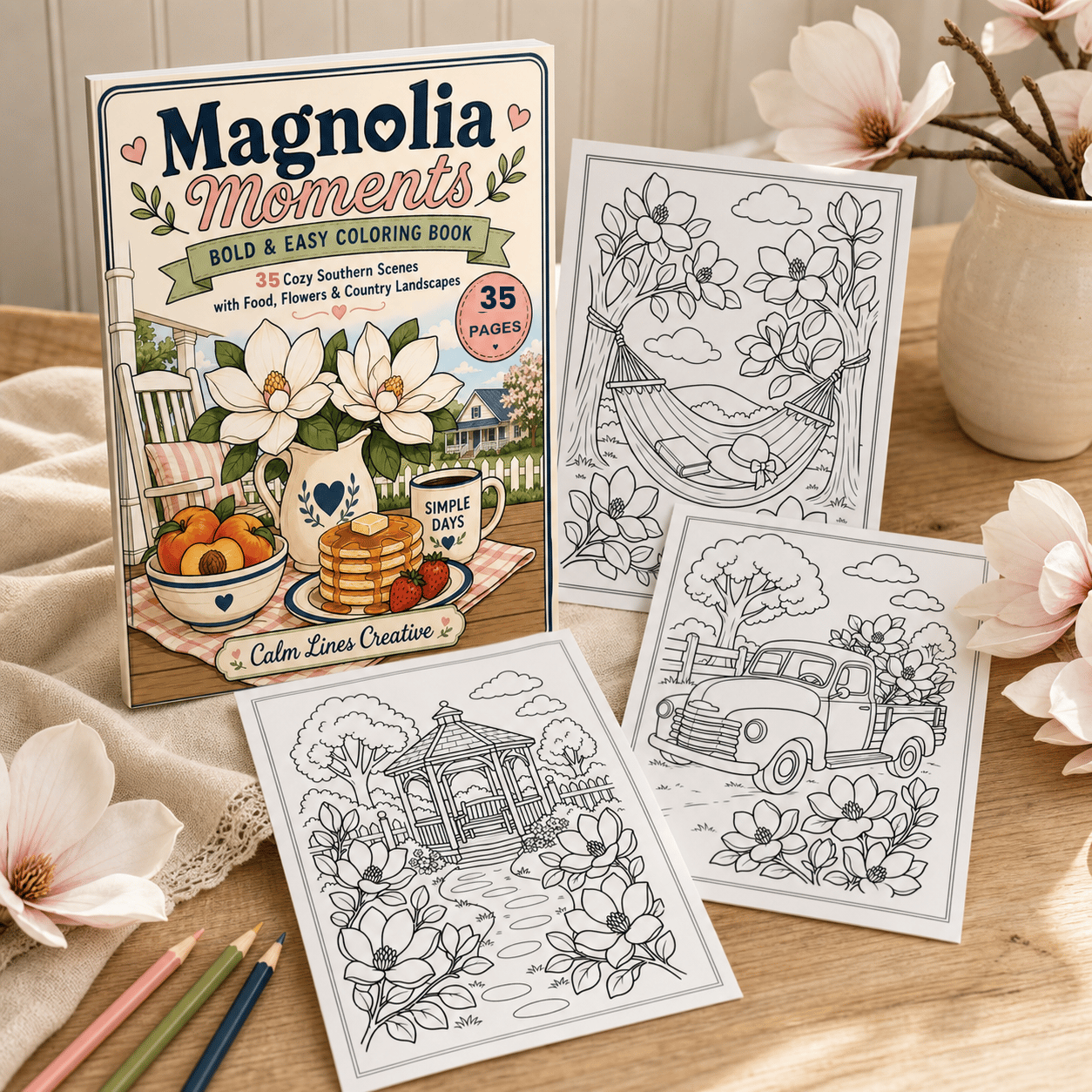 Magnolia Moments adult coloring book with sample pages – bold & easy magnolia, hammock and farmhouse truck line art designs for relaxing Southern-themed coloring