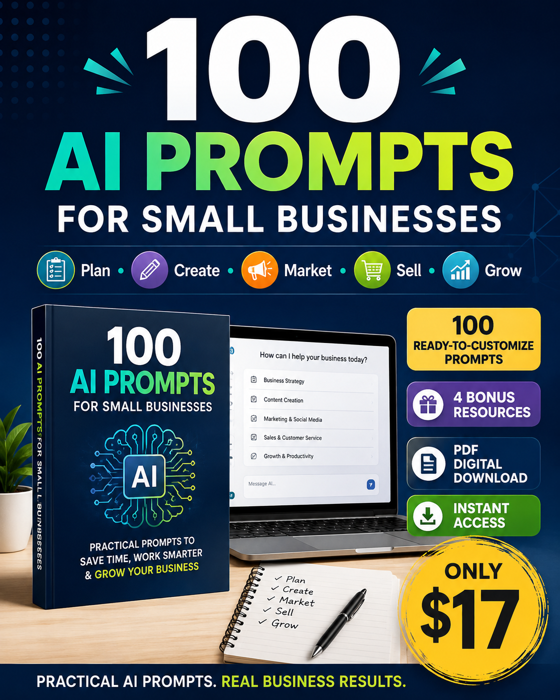 Professional cover for a 100 AI Prompts for Small Businesses digital toolkit, featuring practical AI and ChatGPT prompts for business strategy, marketing, content creation, sales, customer research, and business growth.