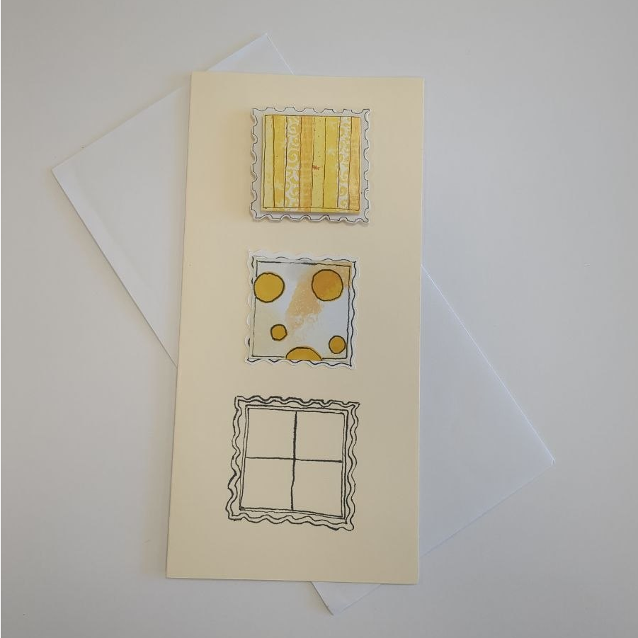 A tall cream card with white envelope. Three squares with postage stamp effect edges are centred down the middle of the card. The top one has vertical stripes of yellow on a white background and is raised. The middle one is less raised and has yellow spot
