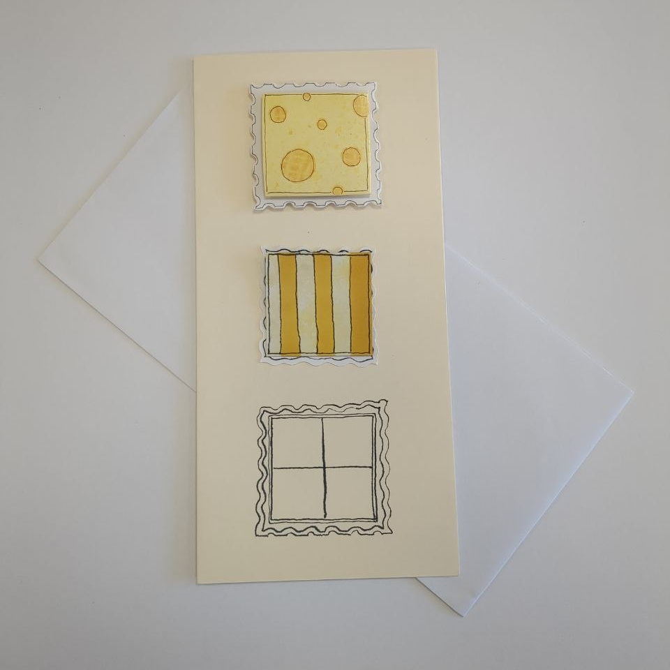 A tall card in cream with a white envelope. Three squares with postage stamp edges are centred down the middle of the card. The top one is raised and has yellow spots resembling Swiss Cheese on a white background. The middle one has vertical yellow stripe