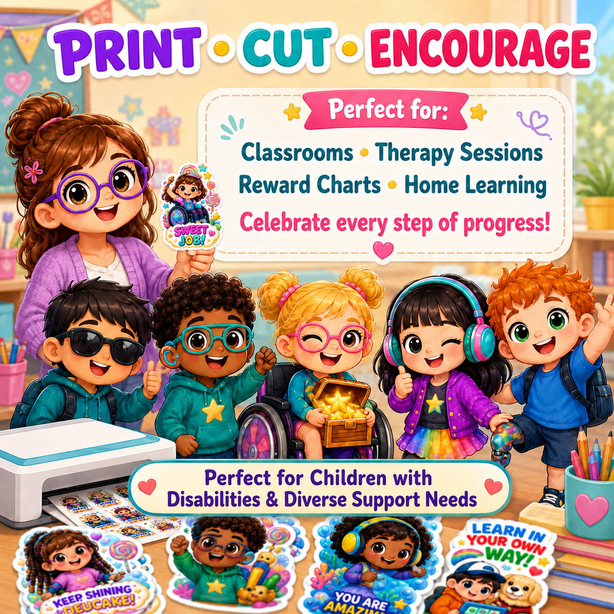 160 Chibi Encouragement Stickers for Children with Disabilities
