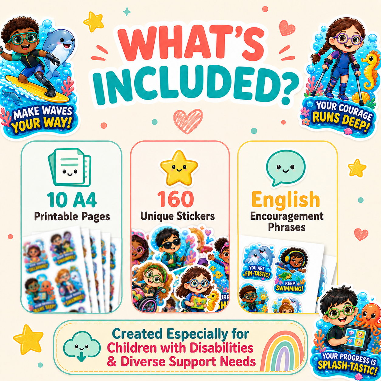 160 Chibi Encouragement Stickers for Children with Disabilities