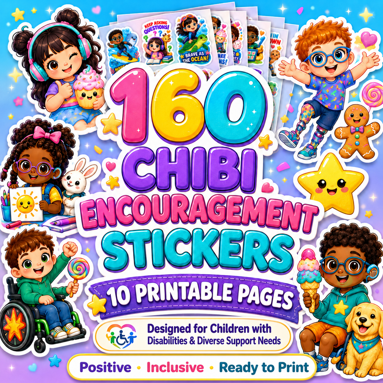 160 Chibi Encouragement Stickers for Children with Disabilities