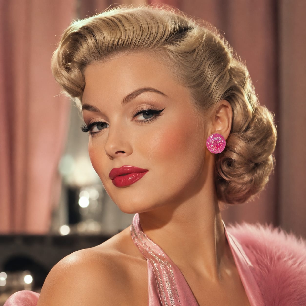 Pink Glitter Stud Earrings Pinup 1950's Style by Atomic Cat