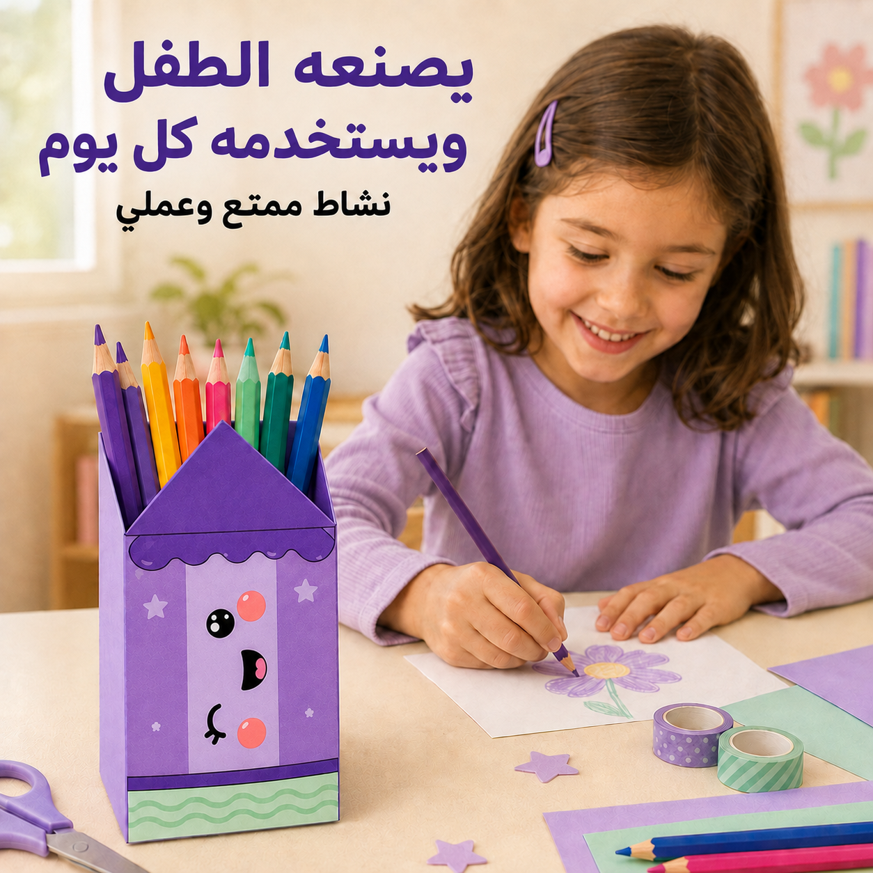 علبة أقلام ورقية بشكل قلم لطيف – نشاط جاهز للطباعة