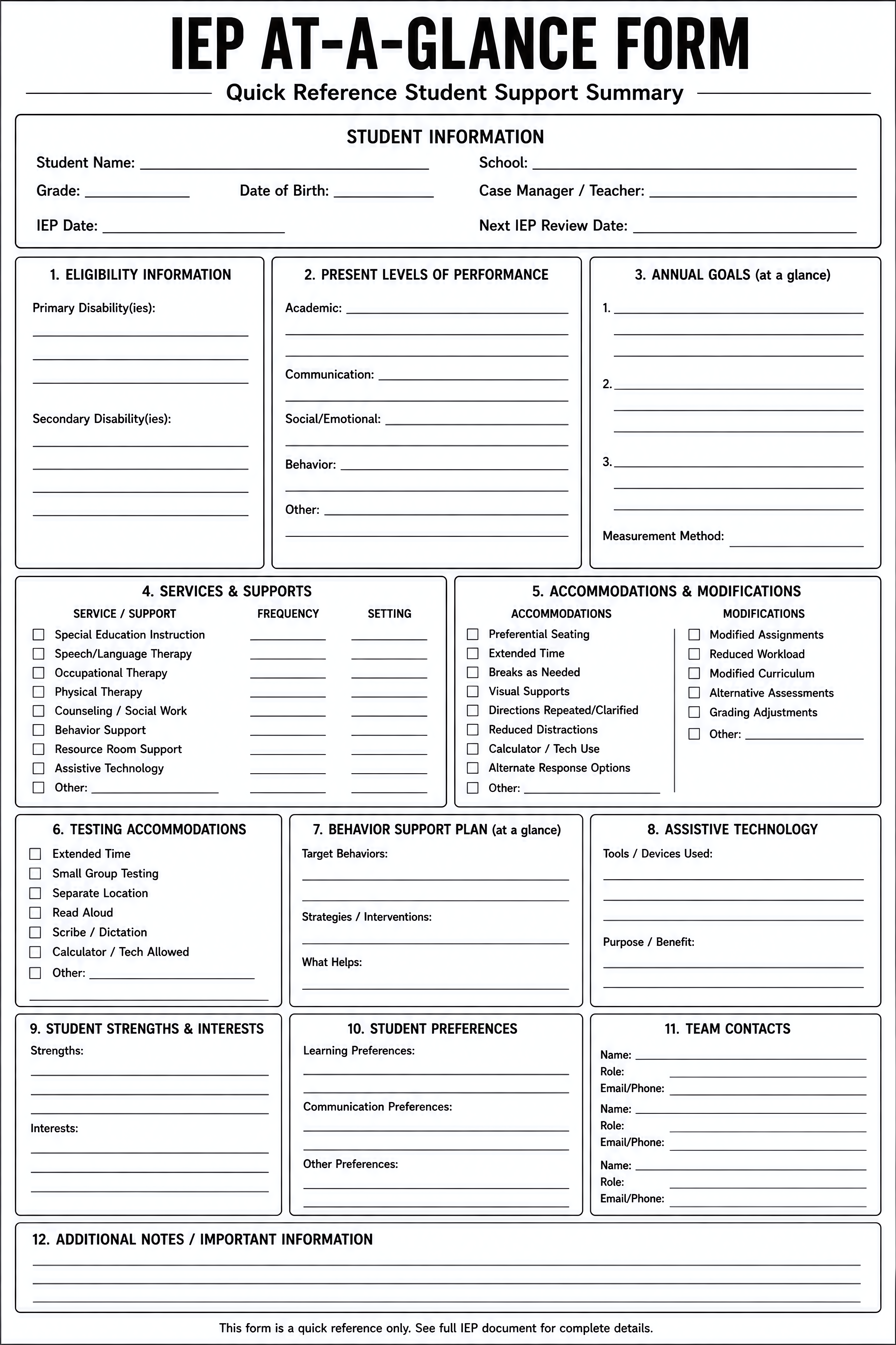 IEP At-a-Glance Form free printable
