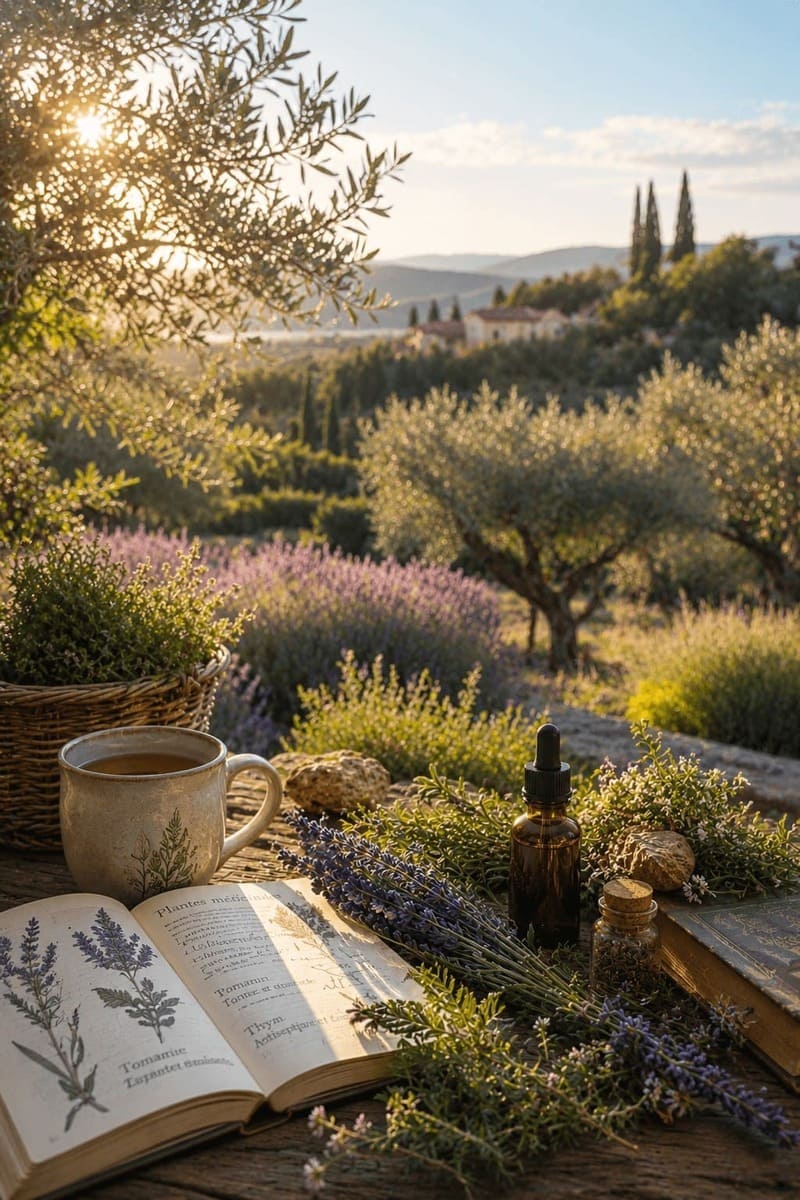 Ambiance provençale lumineuse autour des plantes médicinales, de l'aromathérapie et du bien-être naturel. Lavande, oliviers, livre botanique, tisane et flacons d'huiles essentielles évoquent l'univers de Nature & Santé avec Patricia et sa passion pour la santé au naturel.