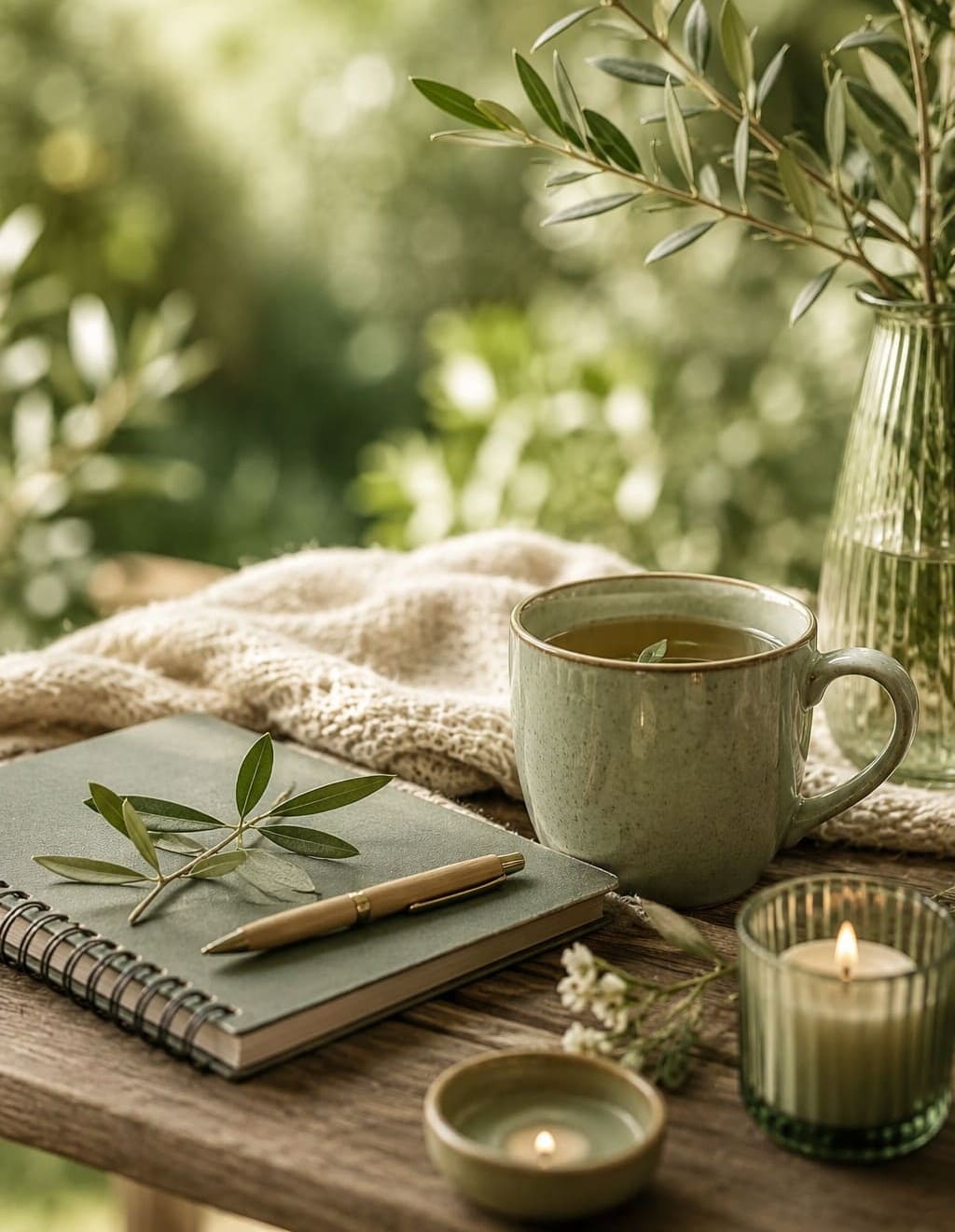 Carnet, tisane et branches d'olivier illustrant un témoignage de Nature & Santé avec Patricia dans une ambiance naturelle et apaisante.