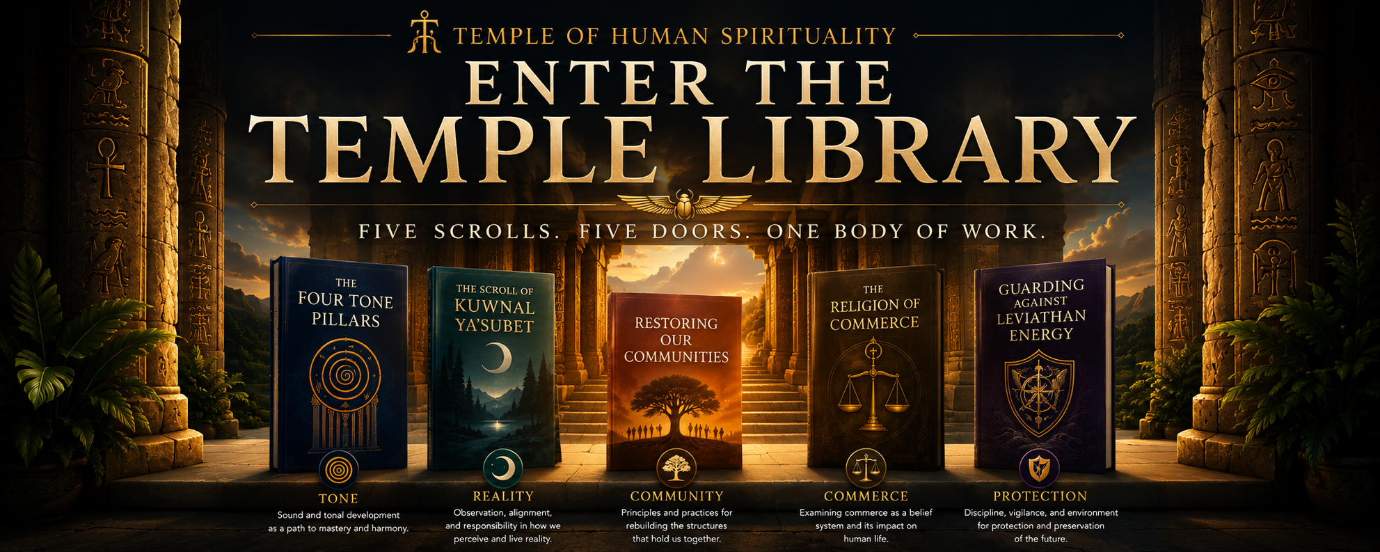 Temple of Human Spirituality Library featuring five Temple Scrolls representing Tone, Reality, Community, Commerce, and Protection, displayed before an illuminated temple entrance with the words “Enter the Temple Library” and “Five Scrolls. Five Doors. One Body of Work.”