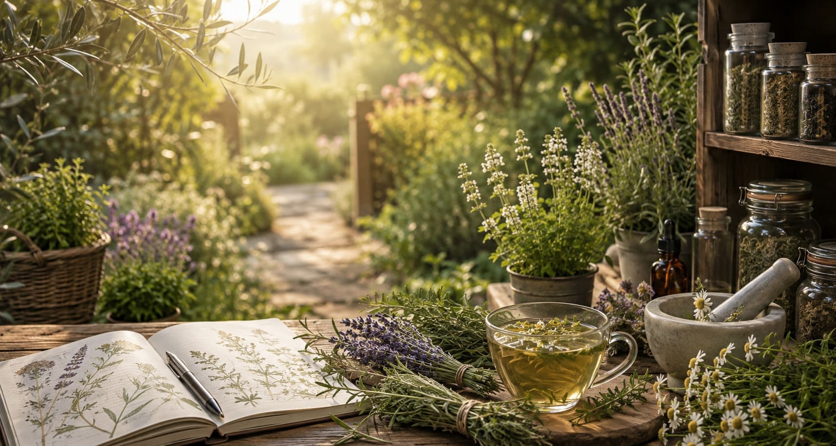 Bannière À propos avec plantes médicinales, tisane de camomille, lavande, romarin et carnet botanique de Nature & Santé avec Patricia.