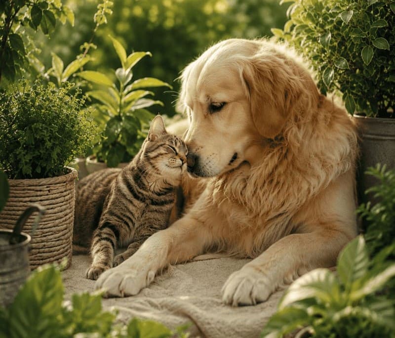Chien et chat paisiblement installés dans un jardin verdoyant baigné de lumière naturelle, symbole d'harmonie entre la nature, les animaux de compagnie et le bien-être au quotidien