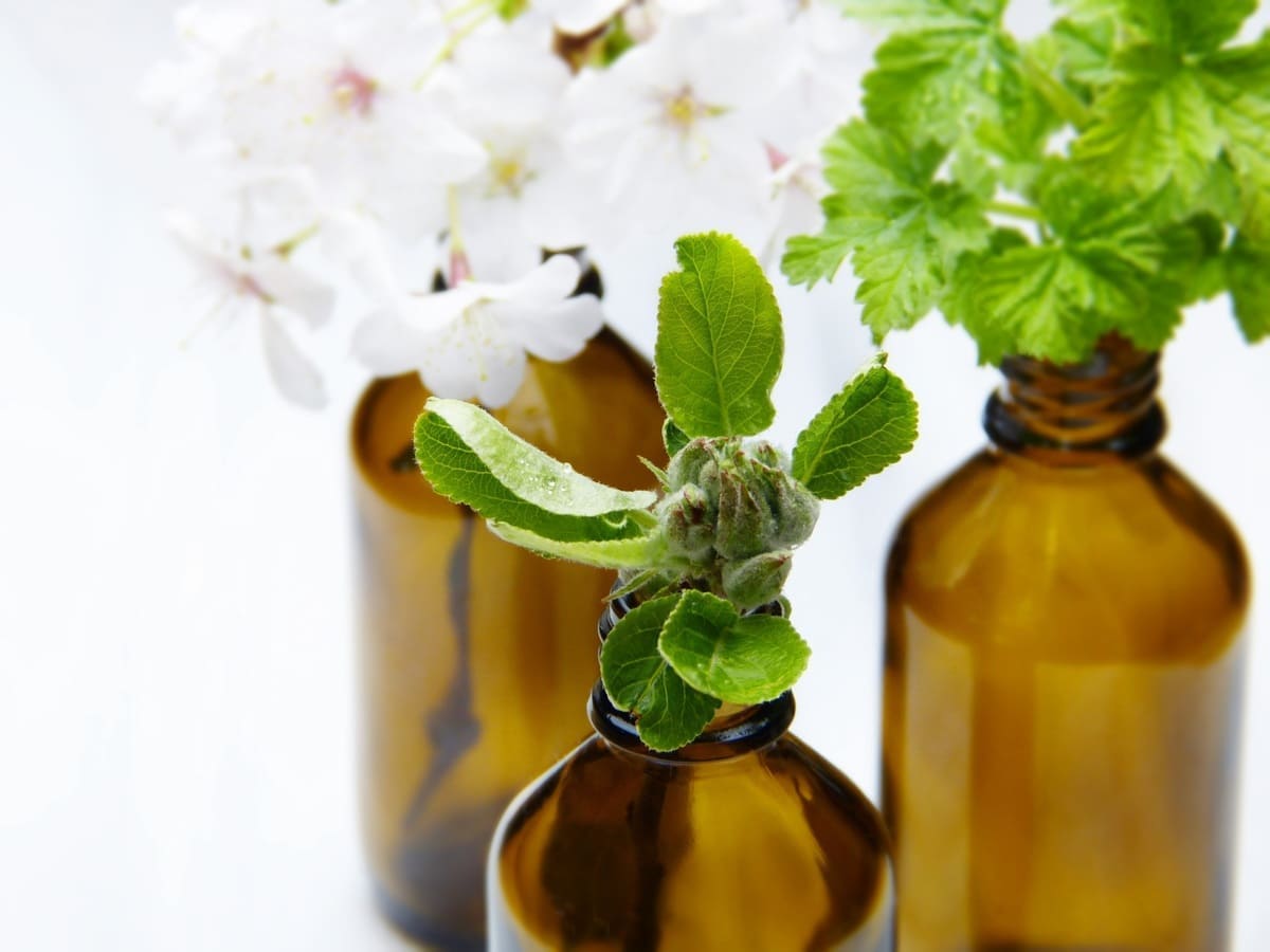 Flacons d'huiles essentielles avec plantes aromatiques.