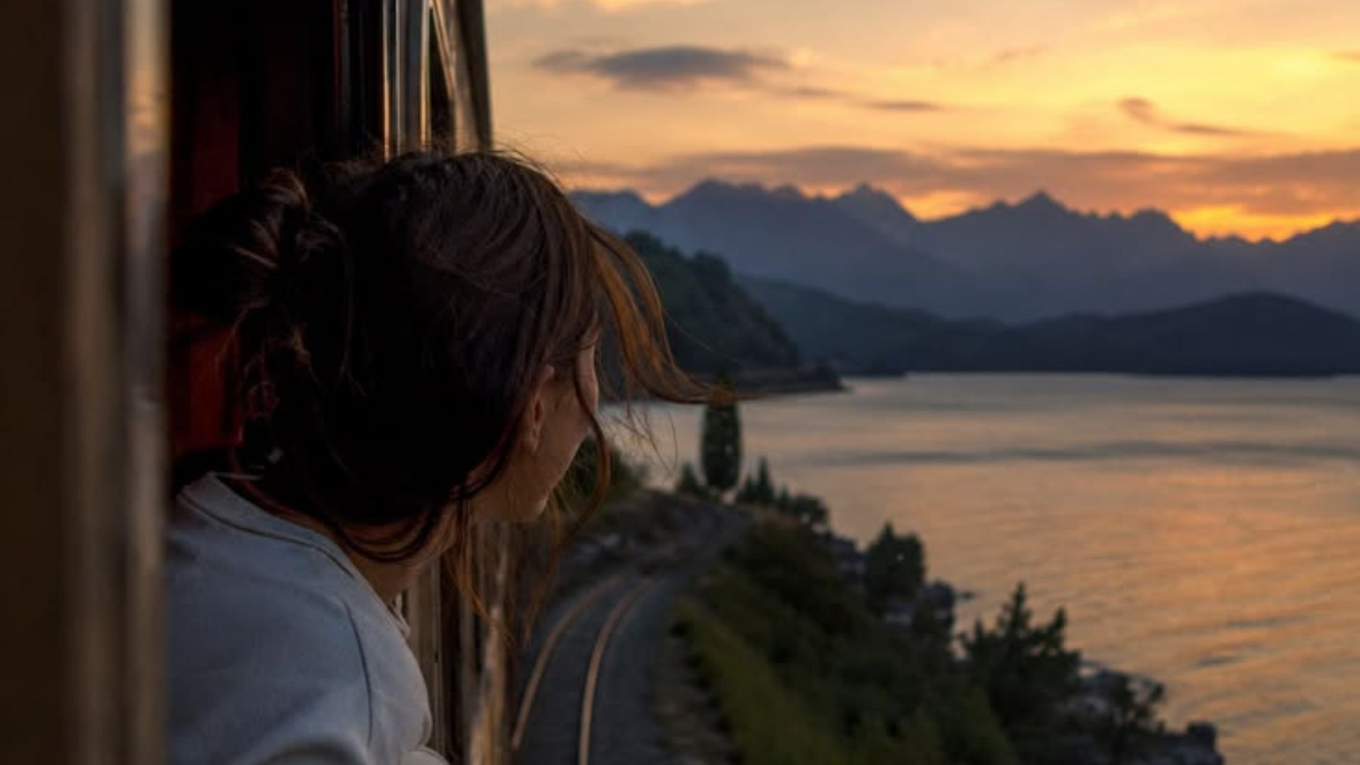 Femme dans un train observant l'horizon