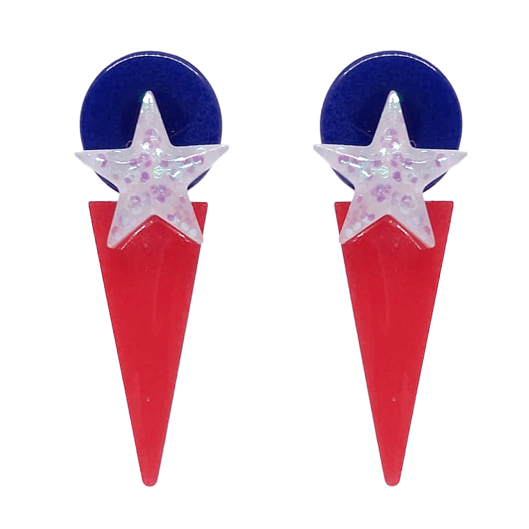 1970s glam rock retro drop earrings with royal blue circular stud, red triangle dagger, and sparkling glitter star by Atomic Cat