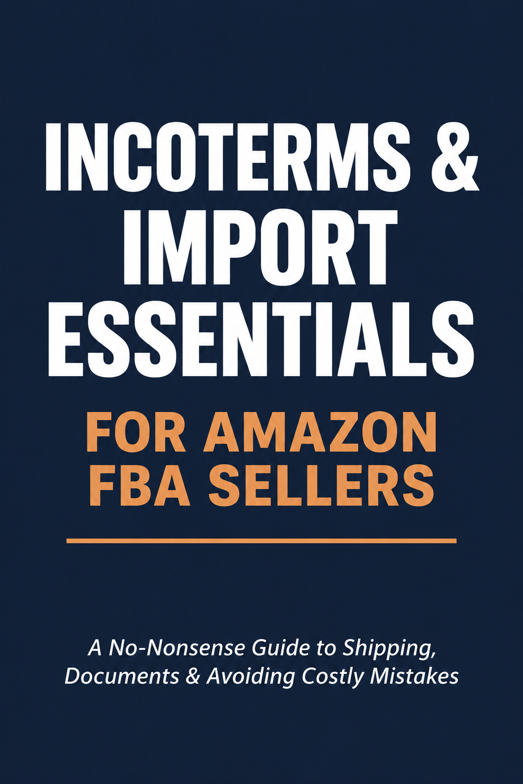 Incoterms and import essentials ebook cover for Amazon FBA sellers, digital PDF guide about EXW FOB DDP shipping terms