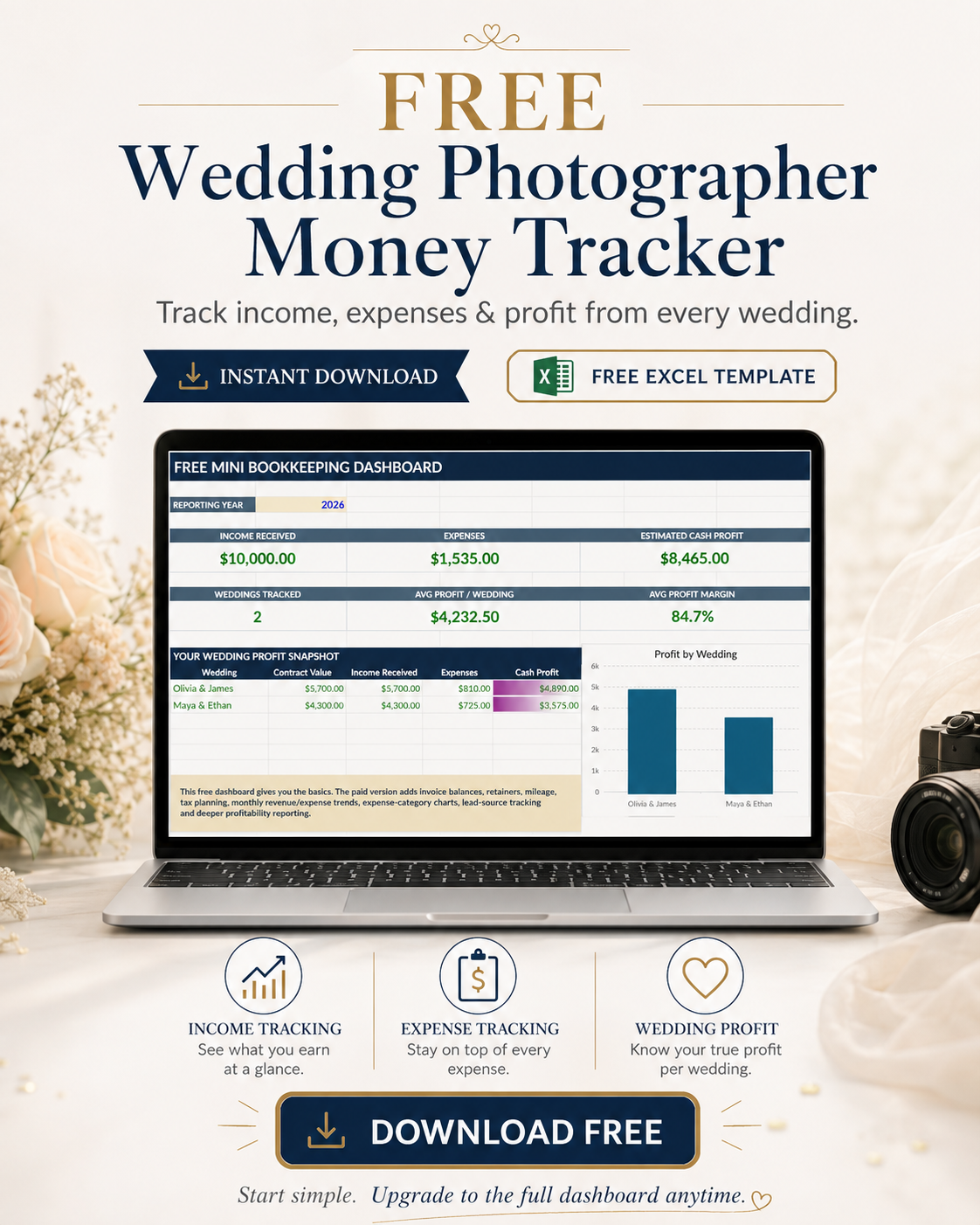 Free Wedding Photographer Money Tracker Excel template displayed on a laptop, featuring income tracking, expense tracking, wedding profit calculations, average profit per wedding, profit margin, and a simple bookkeeping dashboard. Instant digital download