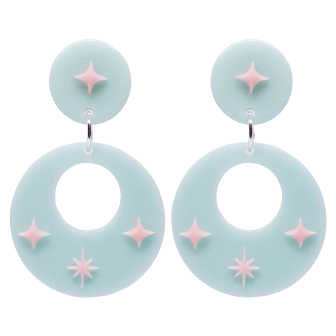 1950's Retro Vintage Style Mint Hoop Earrings with Starburst Atomic Cat
