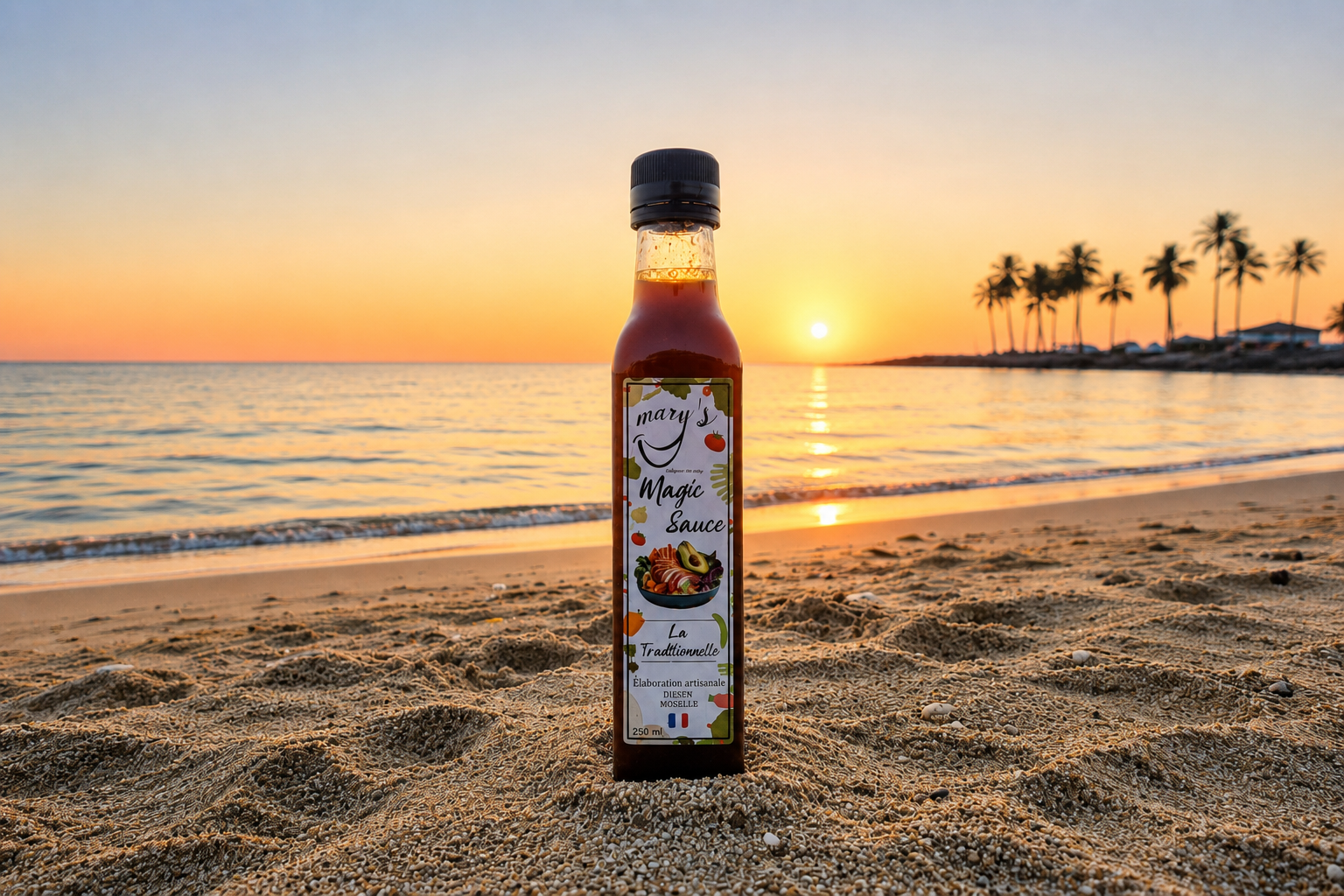 Bouteille de Magic Sauce MARY'S, sauce artisanale fabriquée en Moselle, photographiée au coucher de soleil.
