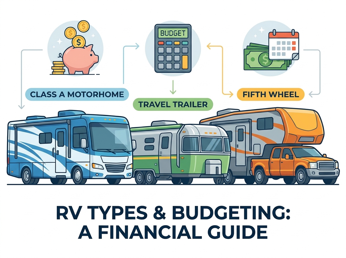 An educational illustration comparing different RV types and budgeting essentials for choosing the right recreational vehicle.