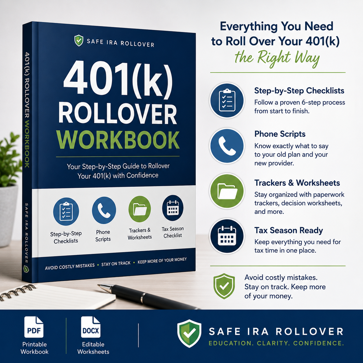 401(k) Rollover Workbook with step-by-step checklists, phone scripts, trackers, and tax-season worksheets