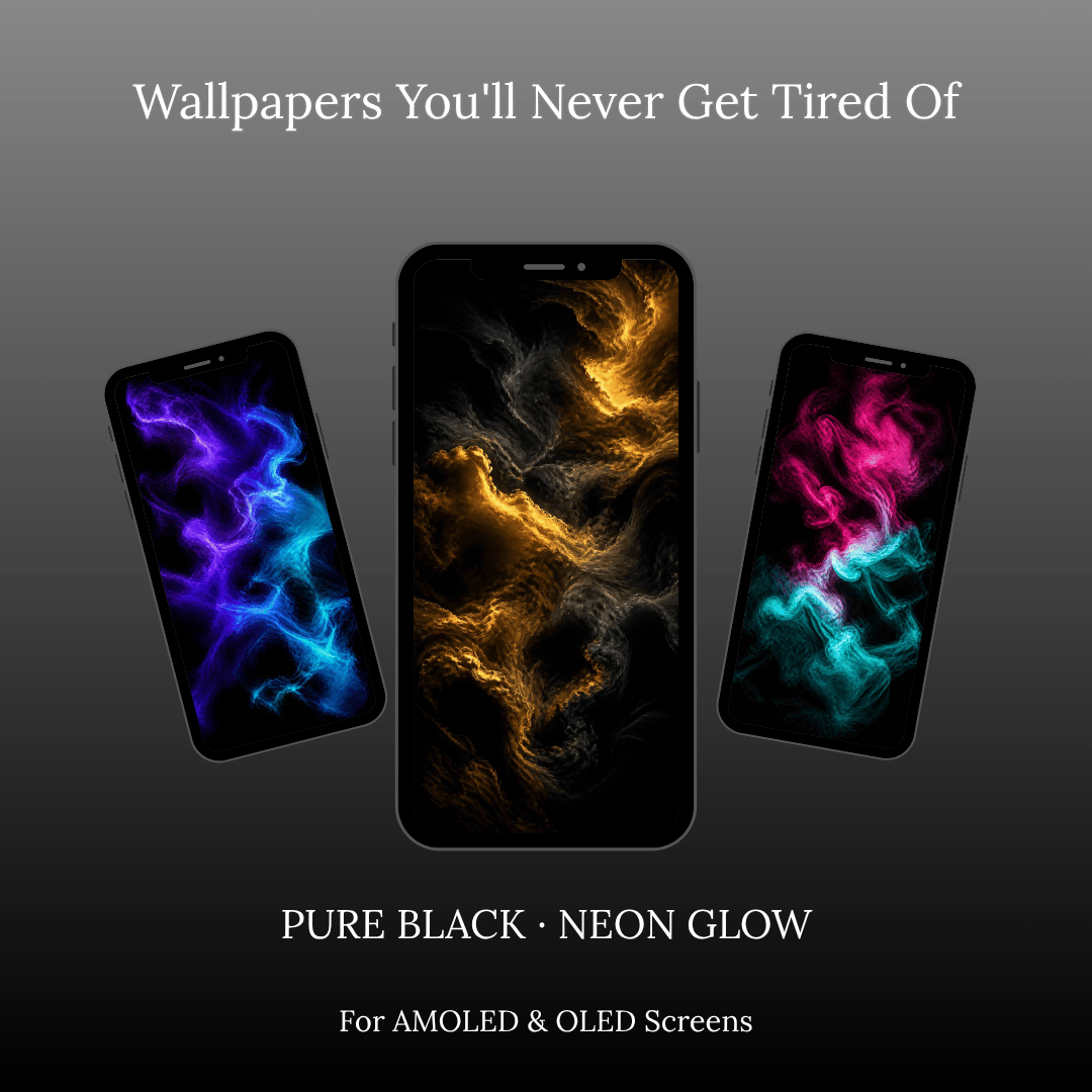 Dark AMOLED phone wallpaper pack cover — three phones showing purple-blue, gold-black, and pink-teal neon smoke wallpapers on black background