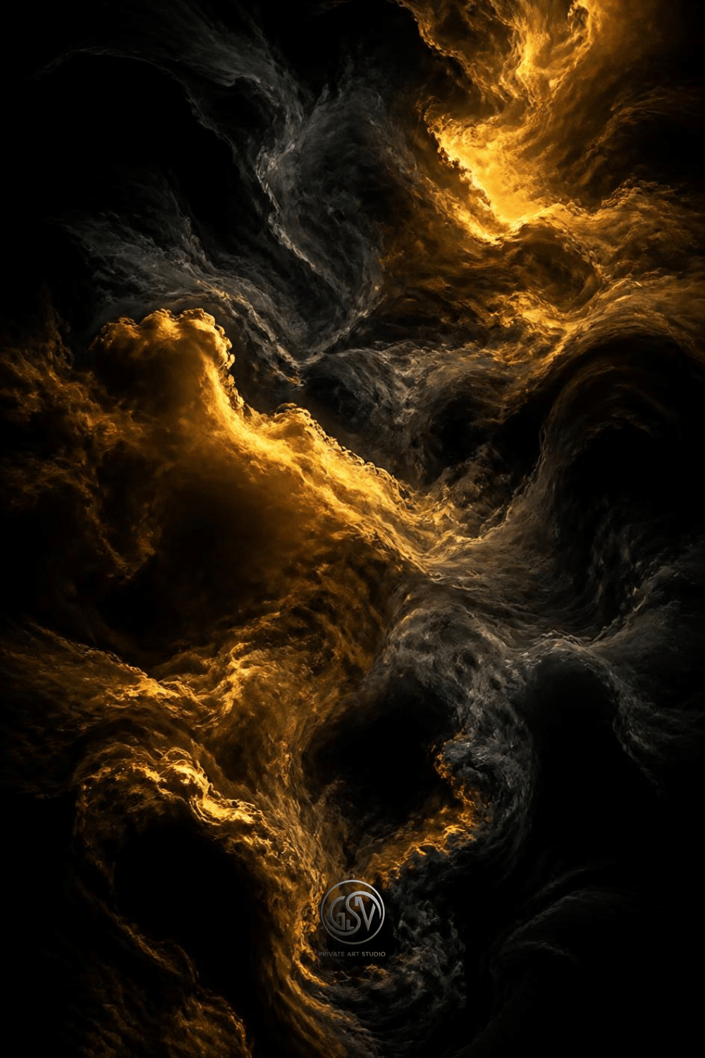 Dark AMOLED wallpaper with glowing gold and charcoal gray smoke texture on pure black background