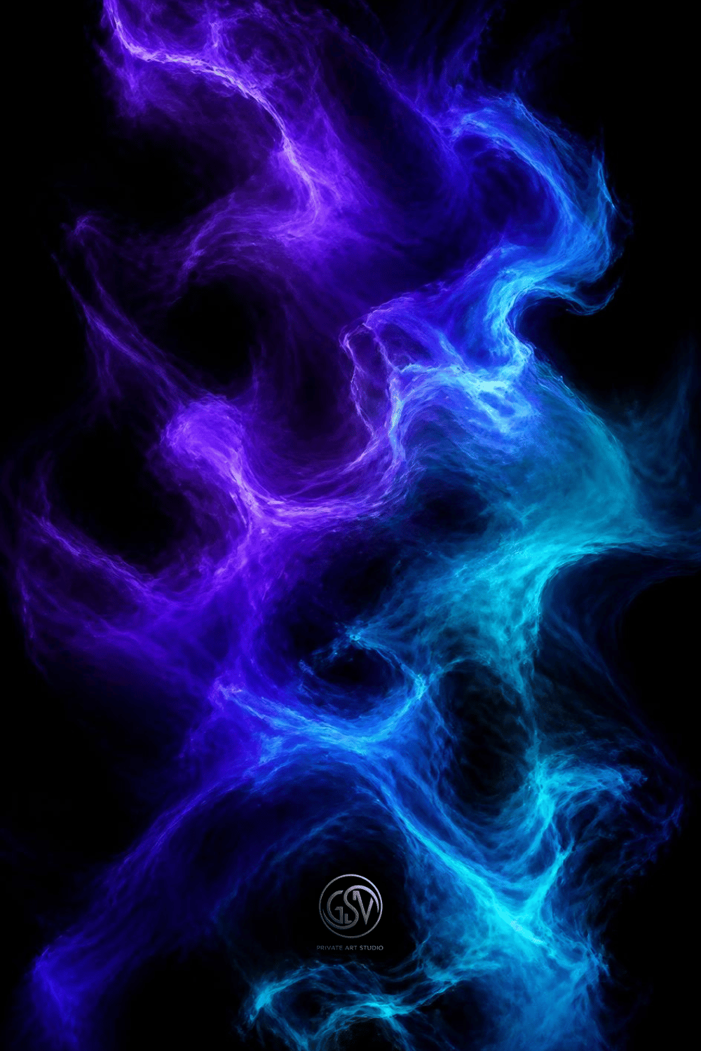 Dark AMOLED wallpaper with glowing purple and electric blue nebula smoke on black background