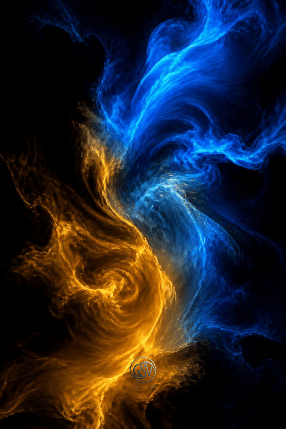 Dark AMOLED wallpaper with glowing blue and gold swirling smoke texture on black background