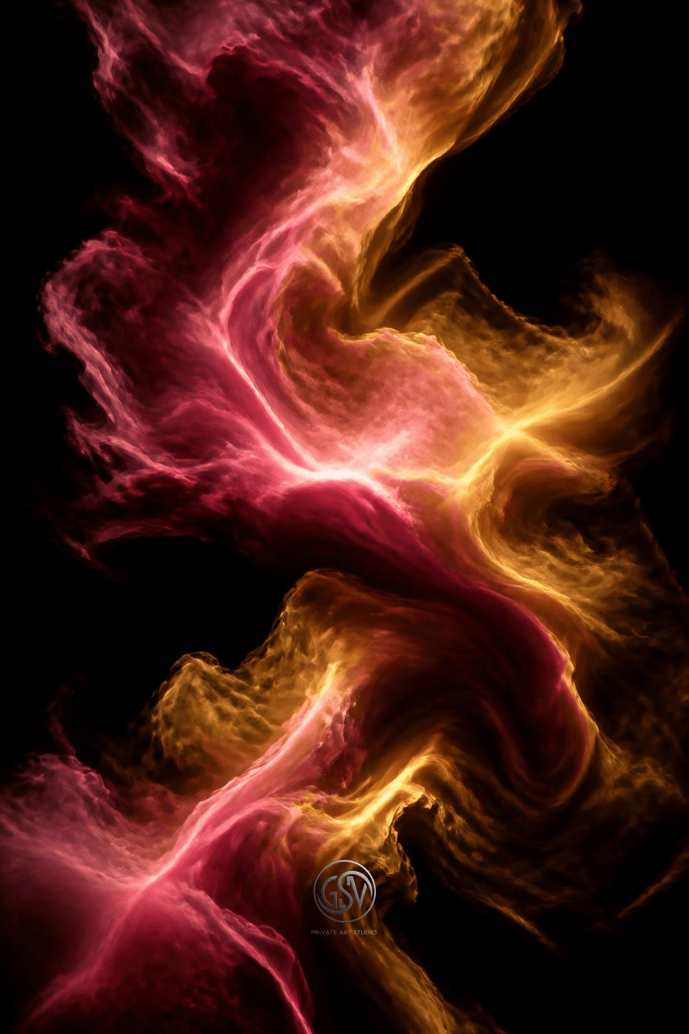 Dark AMOLED wallpaper with glowing pink and gold flowing smoke texture on black background