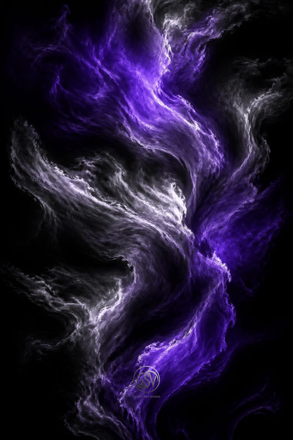 Dark AMOLED wallpaper with glowing purple and silver-white smoke texture on black background