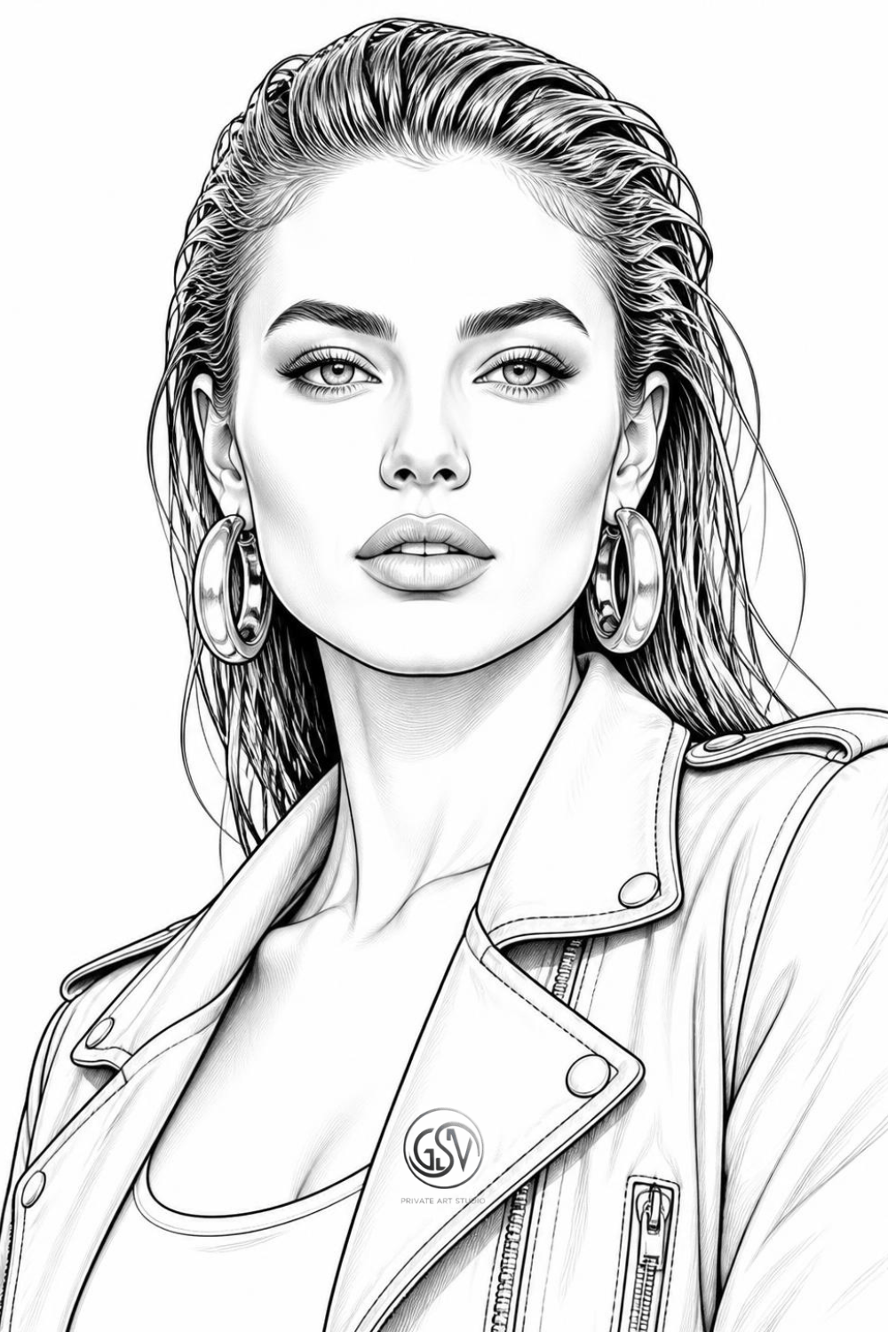 Grayscale coloring page — woman with slicked-back hair, hoop earrings, and a leather jacket