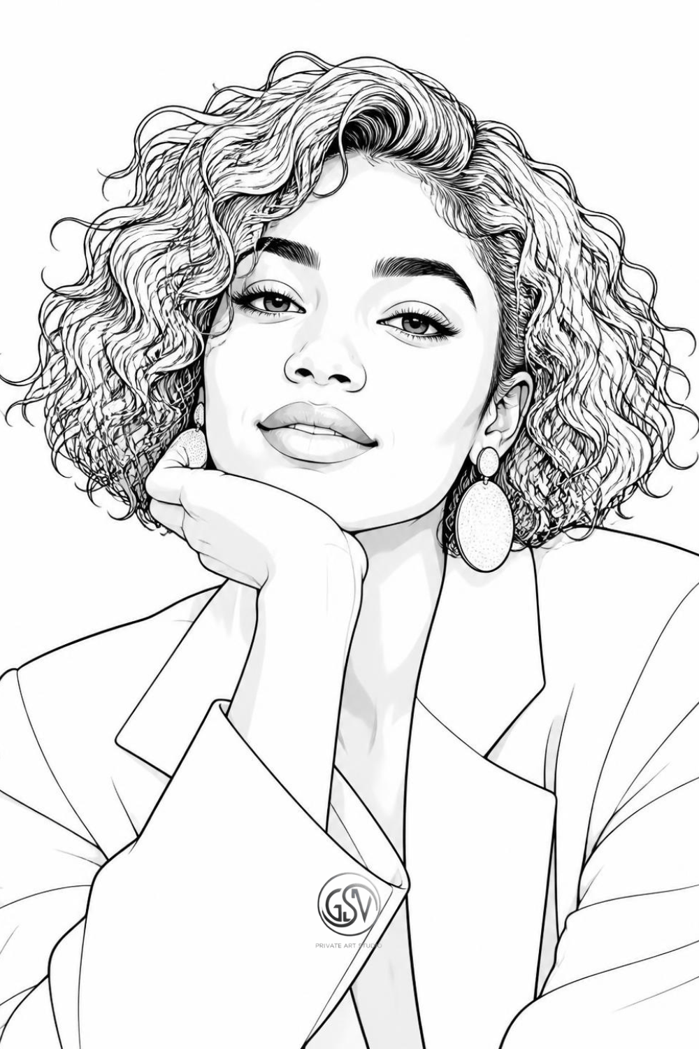 Grayscale coloring page — woman with curly bob haircut, statement earrings, and a blazer