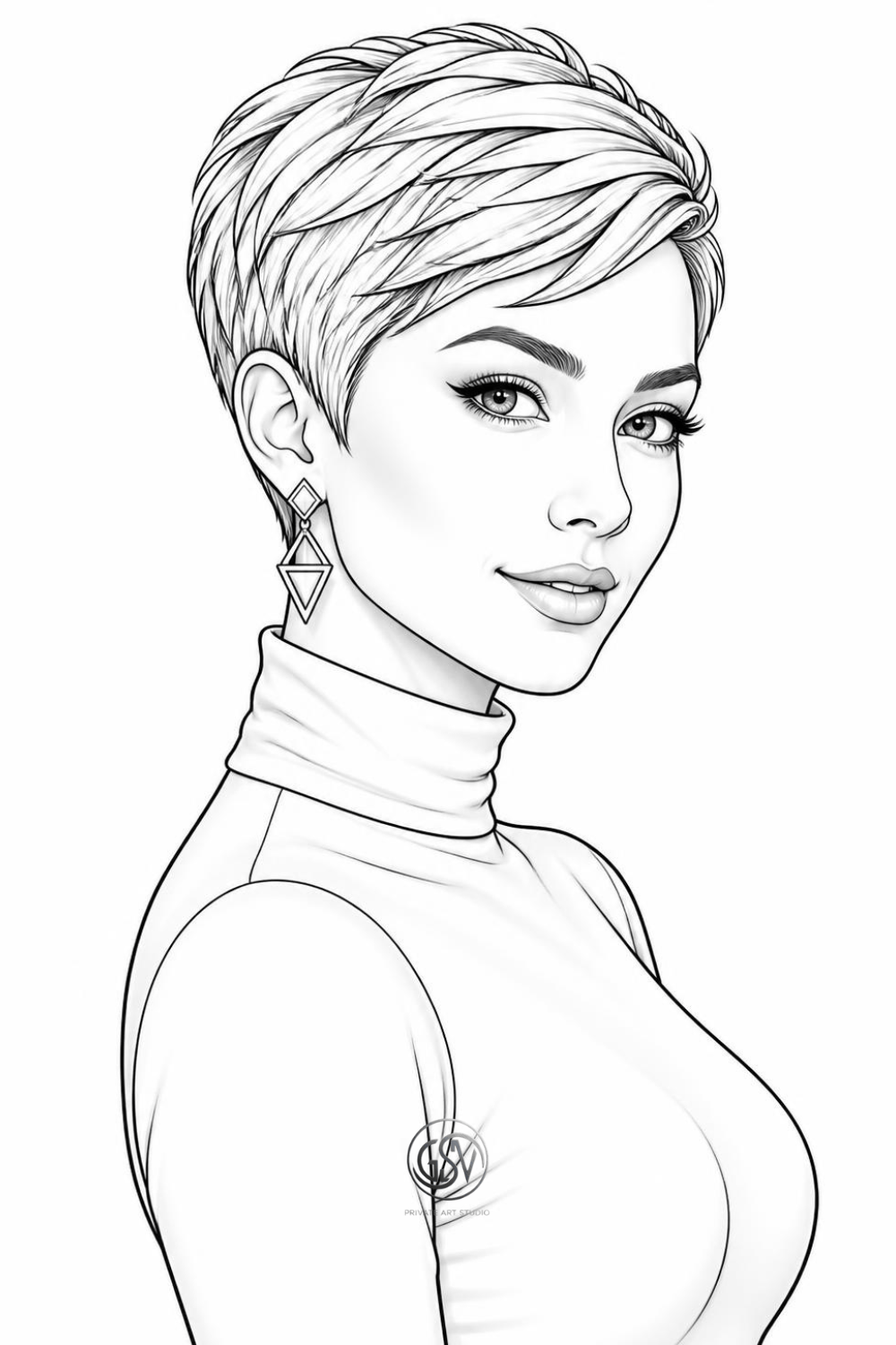 Grayscale coloring page — woman with pixie haircut, geometric earrings, and a turtleneck sweater