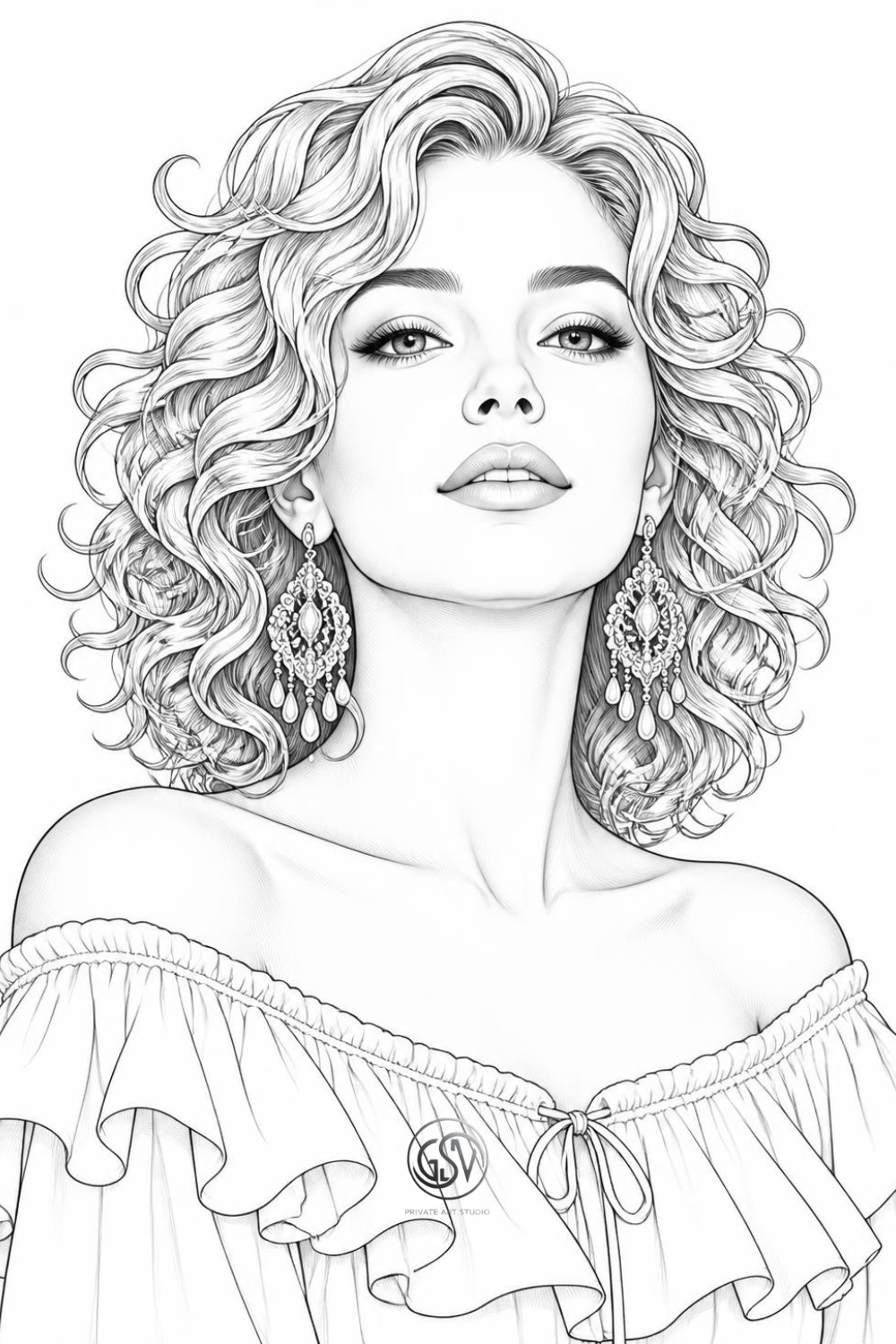 Grayscale coloring page — woman with curly hair, chandelier earrings, and an off-shoulder ruffled blouse