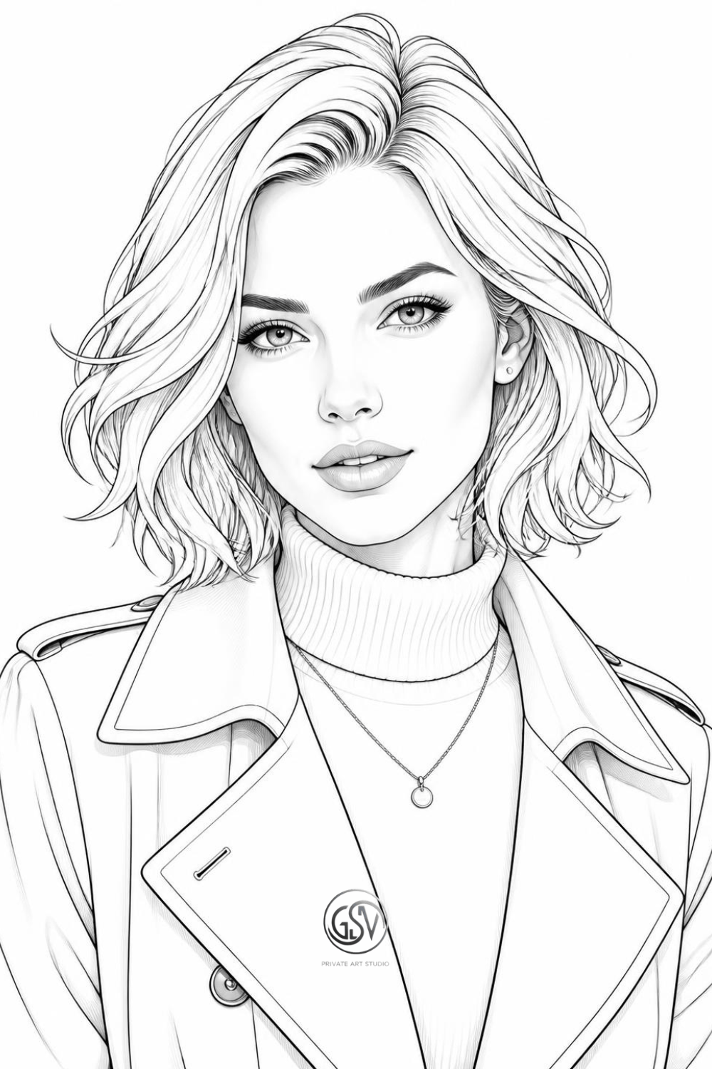 Grayscale coloring page — woman with wavy bob, layered necklace, turtleneck, and trench coat