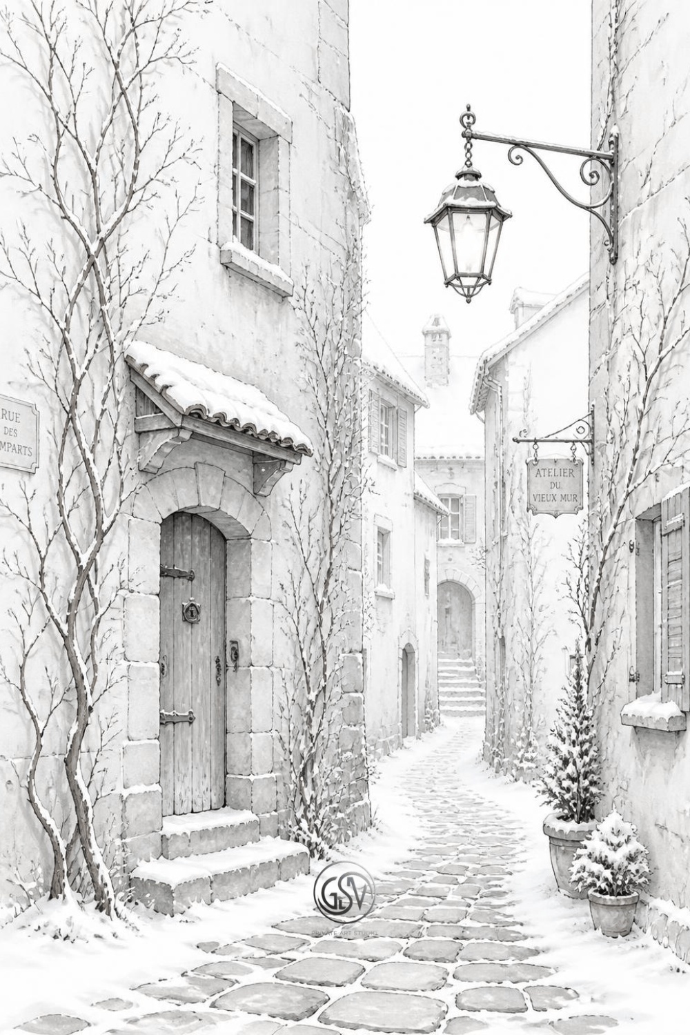 Grayscale coloring page of a snowy European alley with a hanging lantern, wooden door, and a signed shop front
