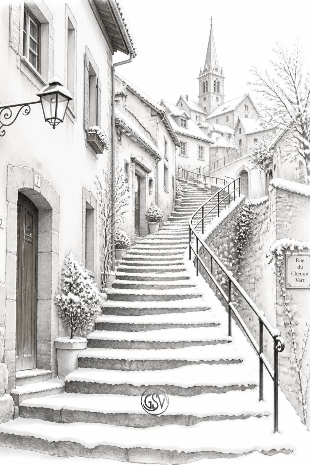 Grayscale coloring page of a snow-covered stone staircase winding uphill between old European houses toward a church spire