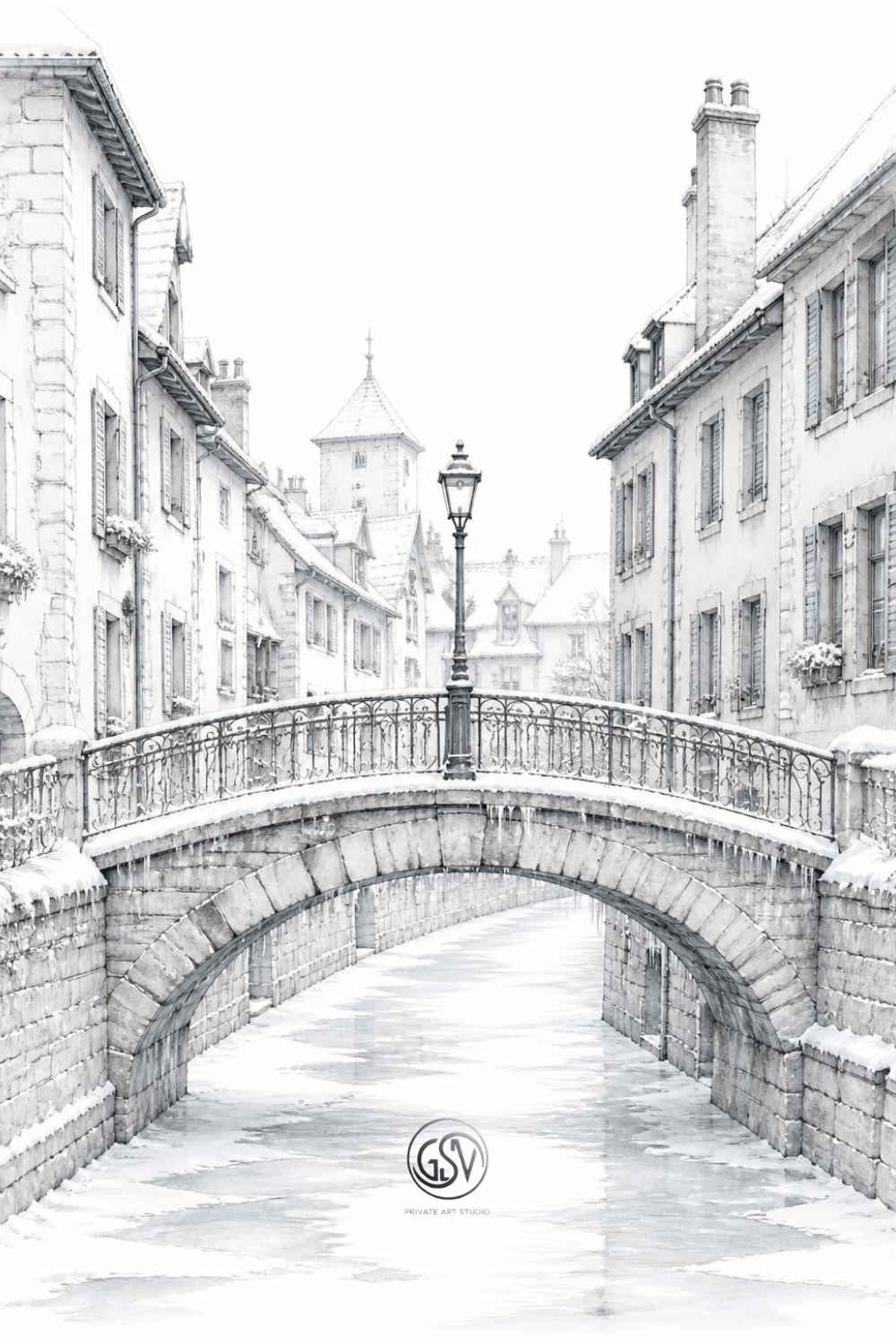 Grayscale coloring page of an old stone bridge with a lamppost crossing a frozen European canal in winter