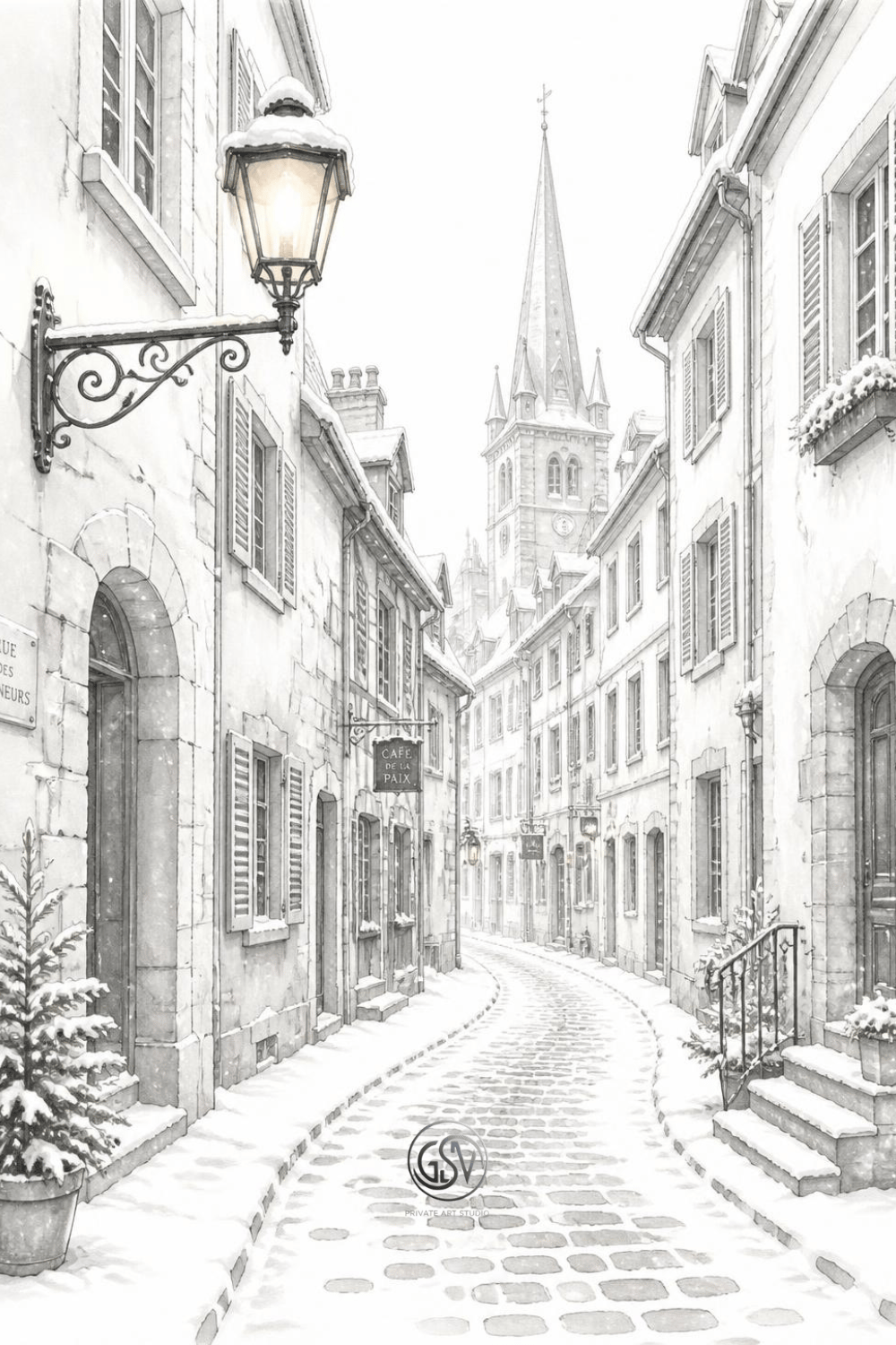 Grayscale coloring page of a narrow snowy European street with a glowing lantern and a distant cathedral spire