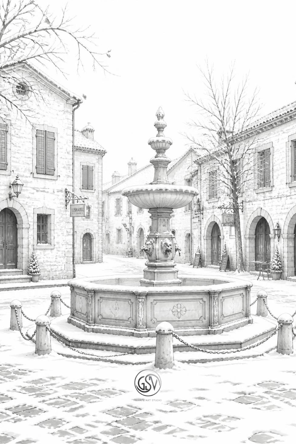 Grayscale coloring page of a snow-dusted European town square with an ornate stone fountain and old stone buildings