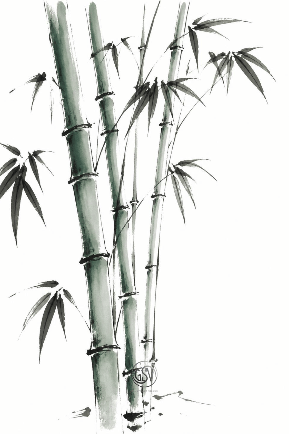 Minimalist ink and watercolor illustration of tall bamboo stalks with sparse leaves