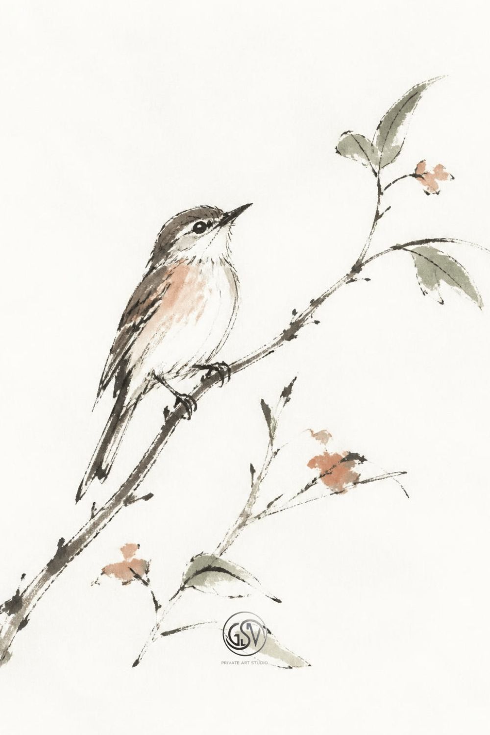 Minimalist ink and watercolor illustration of a small bird perched on a flowering branch