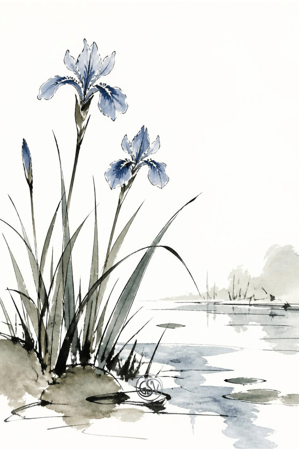 Minimalist ink and watercolor illustration of blue iris flowers growing at the edge of a quiet pond