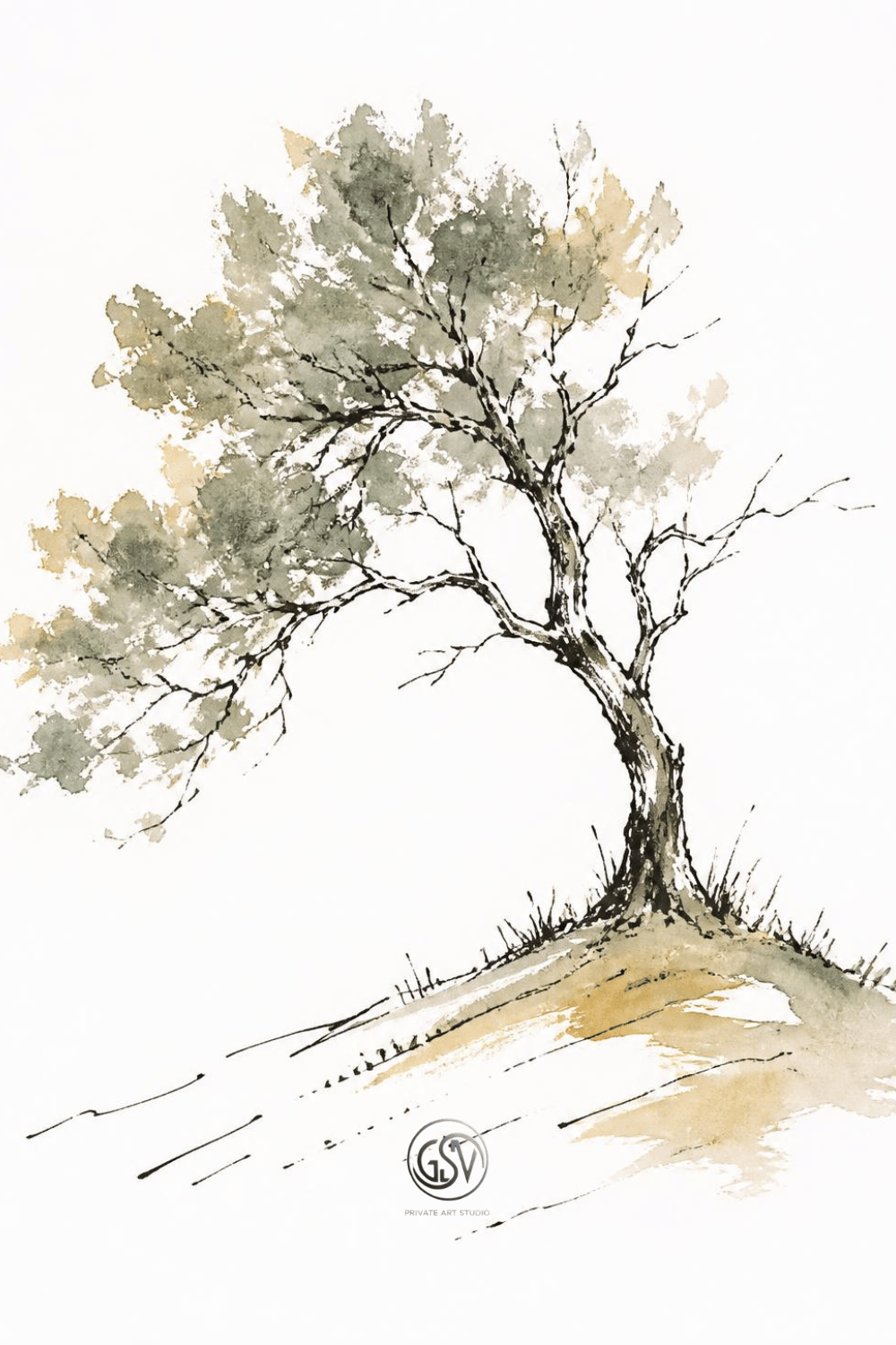 Minimalist ink and watercolor illustration of a solitary tree growing on a small hill
