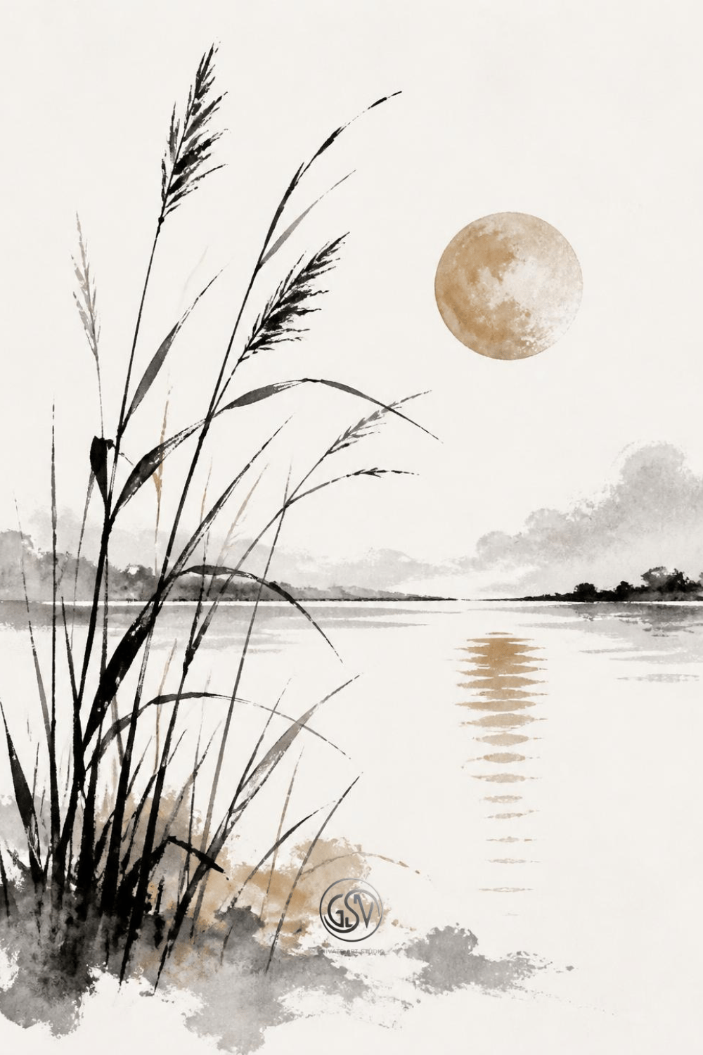 Minimalist ink and watercolor illustration of tall reeds silhouetted against a glowing moon over still water