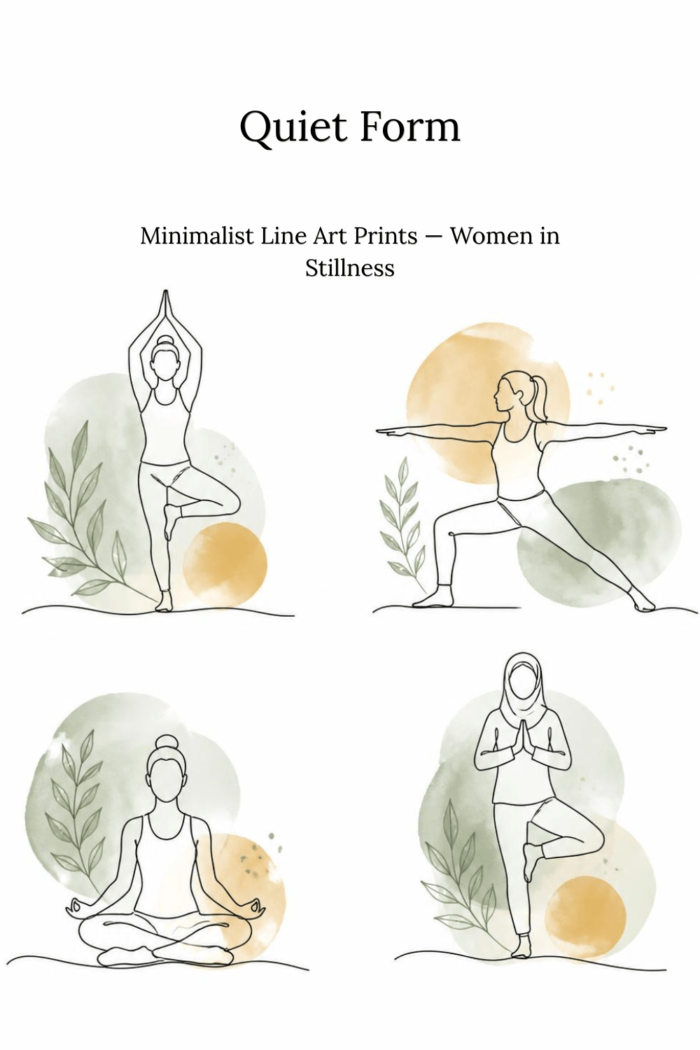 Quiet Form minimalist line art print set cover - four watercolor yoga pose illustrations in sage green and ochre
