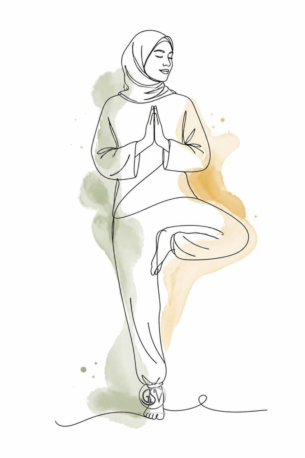 Minimalist line art print of woman in hijab in yoga tree pose, sage green and ochre watercolor illustration