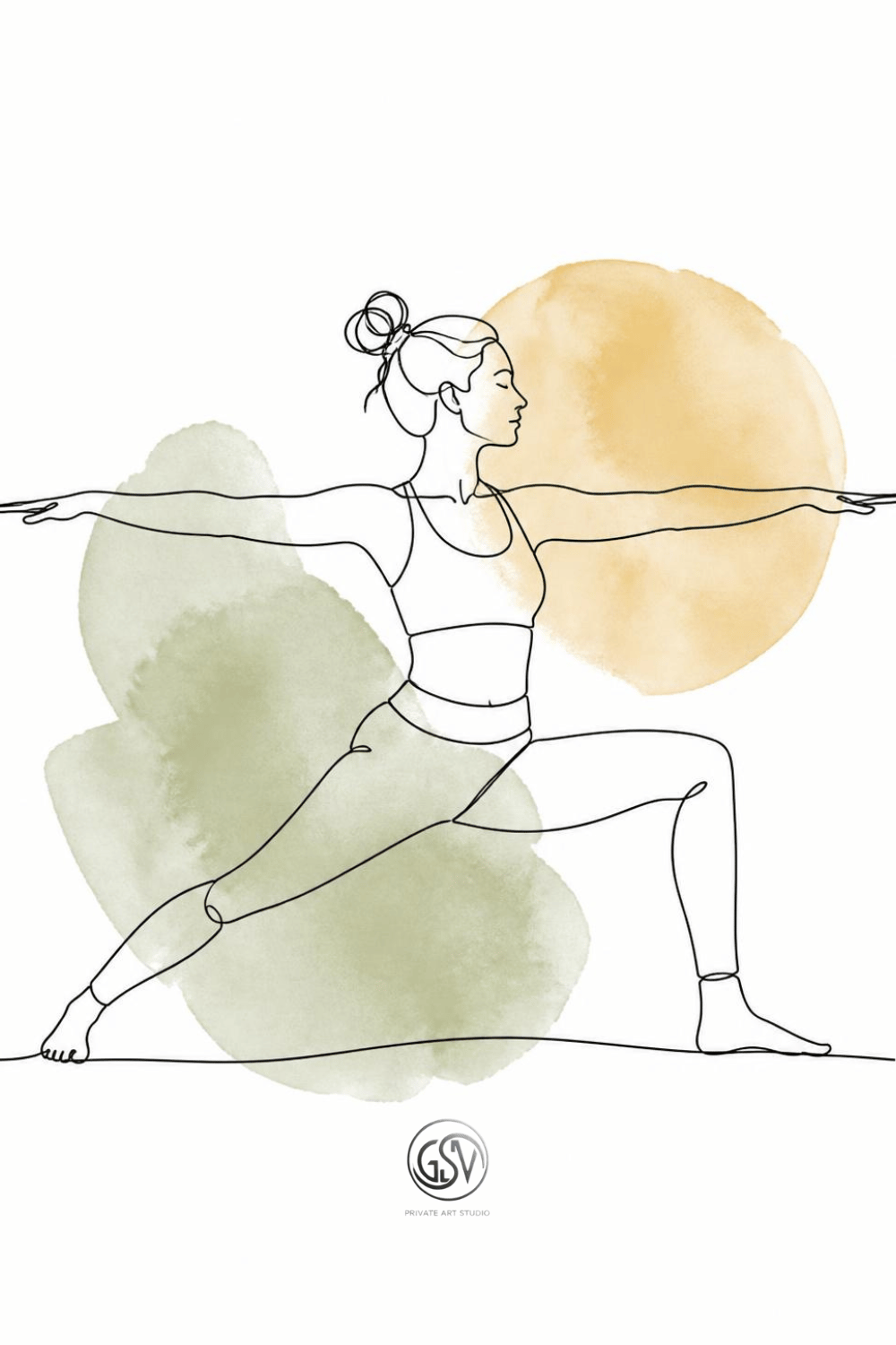 Minimalist single-line ink illustration of woman in warrior II yoga pose, sage green and ochre watercolor art print