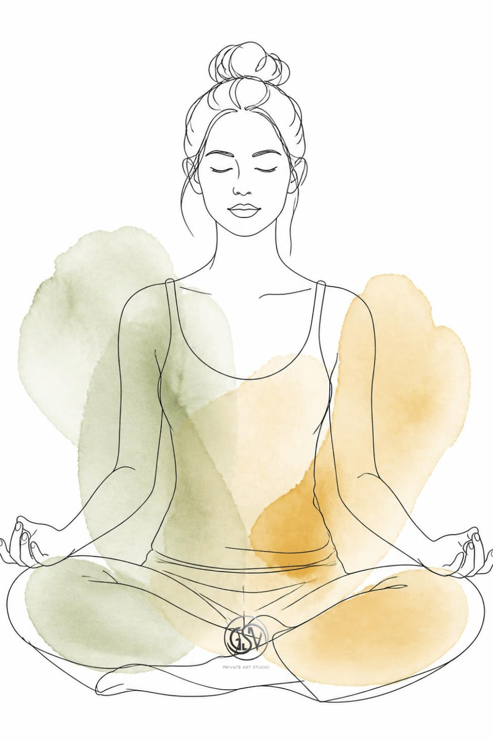 Minimalist line art print of woman in lotus meditation pose, sage green and ochre watercolor illustration