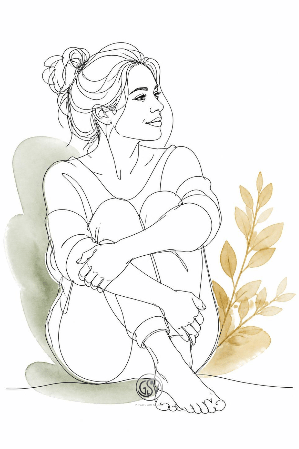 Minimalist line art print of woman sitting in relaxed contemplative pose, sage green and ochre watercolor illustration